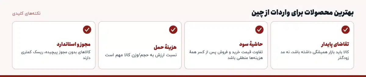 نکته‌های کلیدی «بهترین محصولات برای واردات از چین»: تقاضای پایدار: کالا باید بازار همیشگی داشته باشد، نه مد زودگذر، حاشیهٔ سود: تفاوت قیمت خرید و فروش پس از کسر همهٔ هزینه‌ها منطقی باشد، هزینهٔ حمل: نسبت ارزش به حجم/وزن کالا مهم است، مجوز و استاندارد: کالاهای بدون مجوز پیچیده، ریسک کمتری دارند