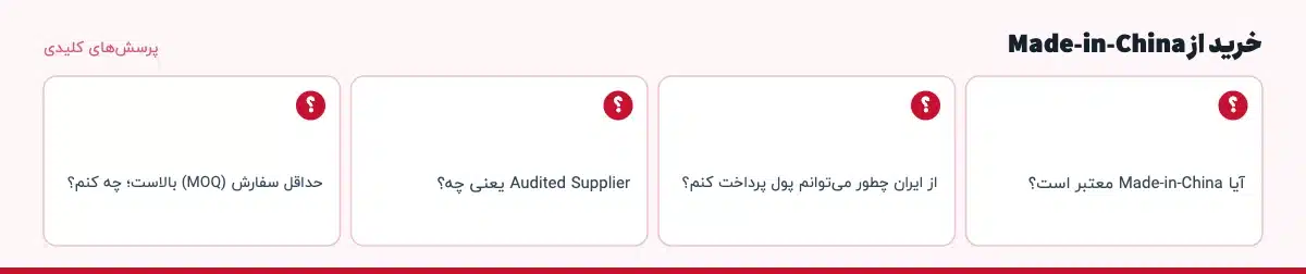 پرسش‌های کلیدی «خرید از Made-in-China»: آیا Made-in-China معتبر است؟ از ایران چطور می‌توانم پول پرداخت کنم؟ Audited Supplier یعنی چه؟ حداقل سفارش (MOQ) بالاست؛ چه کنم؟