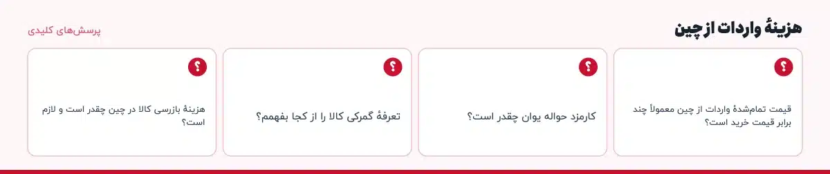 پرسش‌های کلیدی «هزینهٔ واردات از چین»: قیمت تمام‌شدهٔ واردات از چین معمولاً چند برابر قیمت خرید است؟ کارمزد حواله یوان چقدر است؟ تعرفهٔ گمرکی کالا را از کجا بفهمم؟ هزینهٔ بازرسی کالا در چین چقدر است و لازم است؟