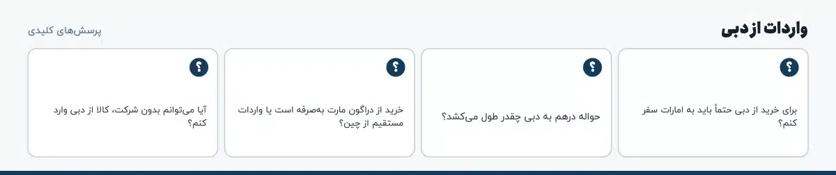 پرسشهای کلیدی «واردات از دبی»: برای خرید از دبی حتماً باید به امارات سفر کنم؟ حواله درهم به دبی چقدر طول میکشد؟ خرید از دراگون مارت بهصرفه است یا واردات مستقیم از چین؟ آیا میتوانم بدون شرکت، کالا از دبی وارد کنم؟