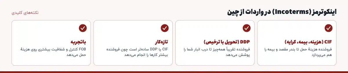 نکته‌های کلیدی «اینکوترمز (Incoterms) در واردات از چین»: CIF (هزینه، بیمه، کرایه): فروشنده هزینهٔ حمل تا بندر مقصد و بیمه را هم می‌پردازد، DDP (تحویل با ترخیص): فروشنده تقریباً همه‌چیز تا درب انبار شما را پوشش می‌دهد، تازه‌کار: CIF یا DDP ساده‌تر است چون فروشنده بیشتر کارها را انجام می‌دهد، باتجربه: FOB کنترل و شفافیت بیشتری روی هزینهٔ حمل می‌دهد
