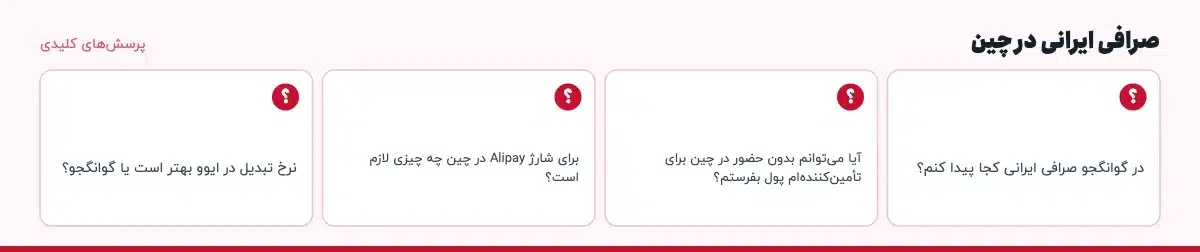 پرسش‌های کلیدی «صرافی ایرانی در چین»: در گوانگجو صرافی ایرانی کجا پیدا کنم؟ آیا می‌توانم بدون حضور در چین برای تأمین‌کننده‌ام پول بفرستم؟ برای شارژ Alipay در چین چه چیزی لازم است؟ نرخ تبدیل در ایوو بهتر است یا گوانگجو؟