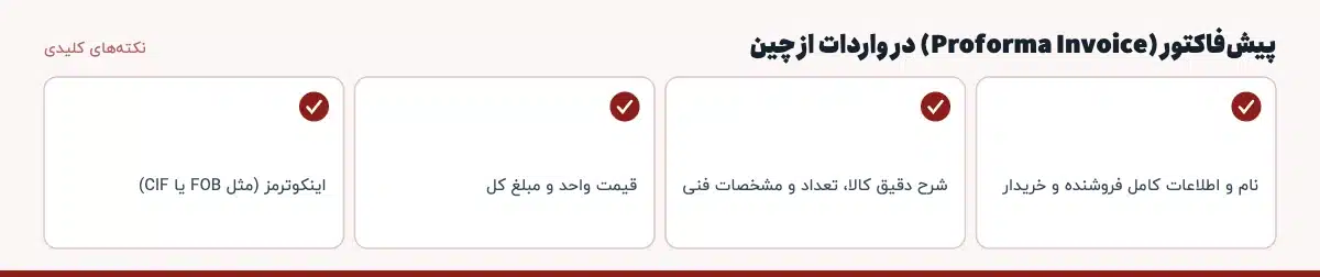 نکتههای کلیدی «پیشفاکتور (Proforma Invoice) در واردات از چین»: نام و اطلاعات کامل فروشنده و خریدار، شرح دقیق کالا، تعداد و مشخصات فنی، قیمت واحد و مبلغ کل، اینکوترمز (مثل FOB یا CIF)