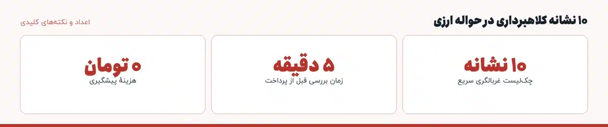 اعداد و نکتههای کلیدی «۱۰ نشانه کلاهبرداری در حواله ارزی»: ۱۰ نشانه — چکلیست غربالگری سریع، ۵ دقیقه — زمان بررسی قبل از پرداخت، ۰ تومان — هزینهٔ پیشگیری