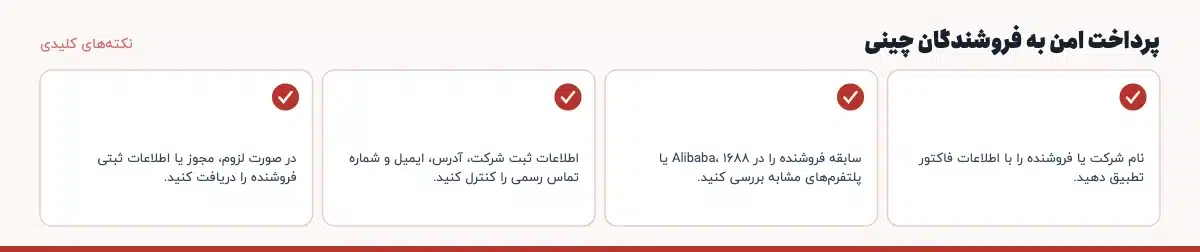 نکته‌های کلیدی «پرداخت امن به فروشندگان چینی»: نام شرکت یا فروشنده را با اطلاعات فاکتور تطبیق دهید.، سابقه فروشنده را در Alibaba، 1688 یا پلتفرم‌های مشابه بررسی کنید.، اطلاعات ثبت شرکت، آدرس، ایمیل و شماره تماس رسمی را کنترل کنید.، در صورت لزوم، مجوز یا اطلاعات ثبتی فروشنده را دریافت کنید.