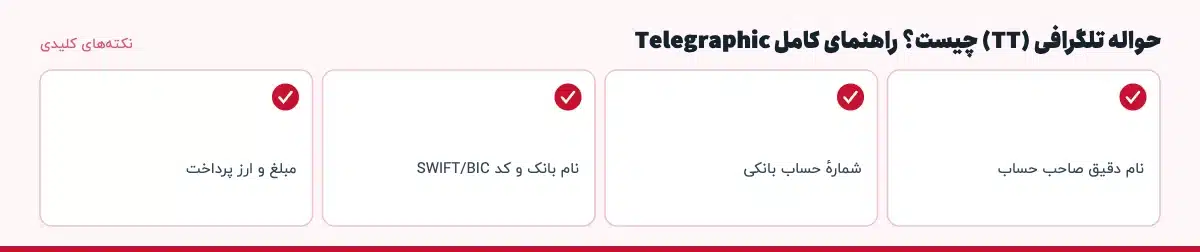 نکتههای کلیدی «حواله تلگرافی (TT) چیست؟ راهنمای کامل Telegraphic»: نام دقیق صاحب حساب، شمارهٔ حساب بانکی، نام بانک و کد SWIFT/BIC، مبلغ و ارز پرداخت