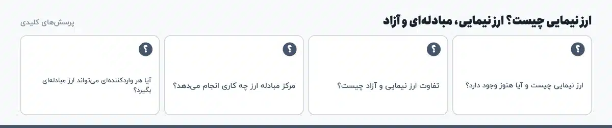 پرسش‌های کلیدی «ارز نیمایی چیست؟ ارز نیمایی، مبادله‌ای و آزاد»: ارز نیمایی چیست و آیا هنوز وجود دارد؟ تفاوت ارز نیمایی و آزاد چیست؟ مرکز مبادله ارز چه کاری انجام می‌دهد؟ آیا هر واردکننده‌ای می‌تواند ارز مبادله‌ای بگیرد؟