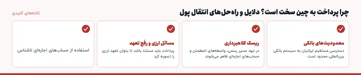 نکتههای کلیدی «چرا پرداخت به چین سخت است؟ دلایل و راهحلهای انتقال پول»: محدودیتهای بانکی: دسترسی مستقیم ایرانیان به سیستم بانکی بینالمللی محدود است، ریسک کلاهبرداری: در نبود مسیر رسمی، واسطههای نامطمئن و حسابهای اجارهای ظاهر میشوند، مسائل ارزی و رفع تعهد: پرداخت باید مستند باشد تا بتوان تعهد ارزی را تسویه کرد، استفاده از حسابهای اجارهای ناشناس