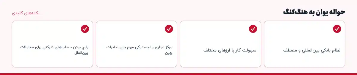 نکته‌های کلیدی «حواله یوان به هنگ‌کنگ»: نظام بانکی بین‌المللی و منعطف، سهولت کار با ارزهای مختلف، مرکز تجاری و لجستیکی مهم برای صادرات چین، رایج بودن حساب‌های شرکتی برای معاملات بین‌الملل